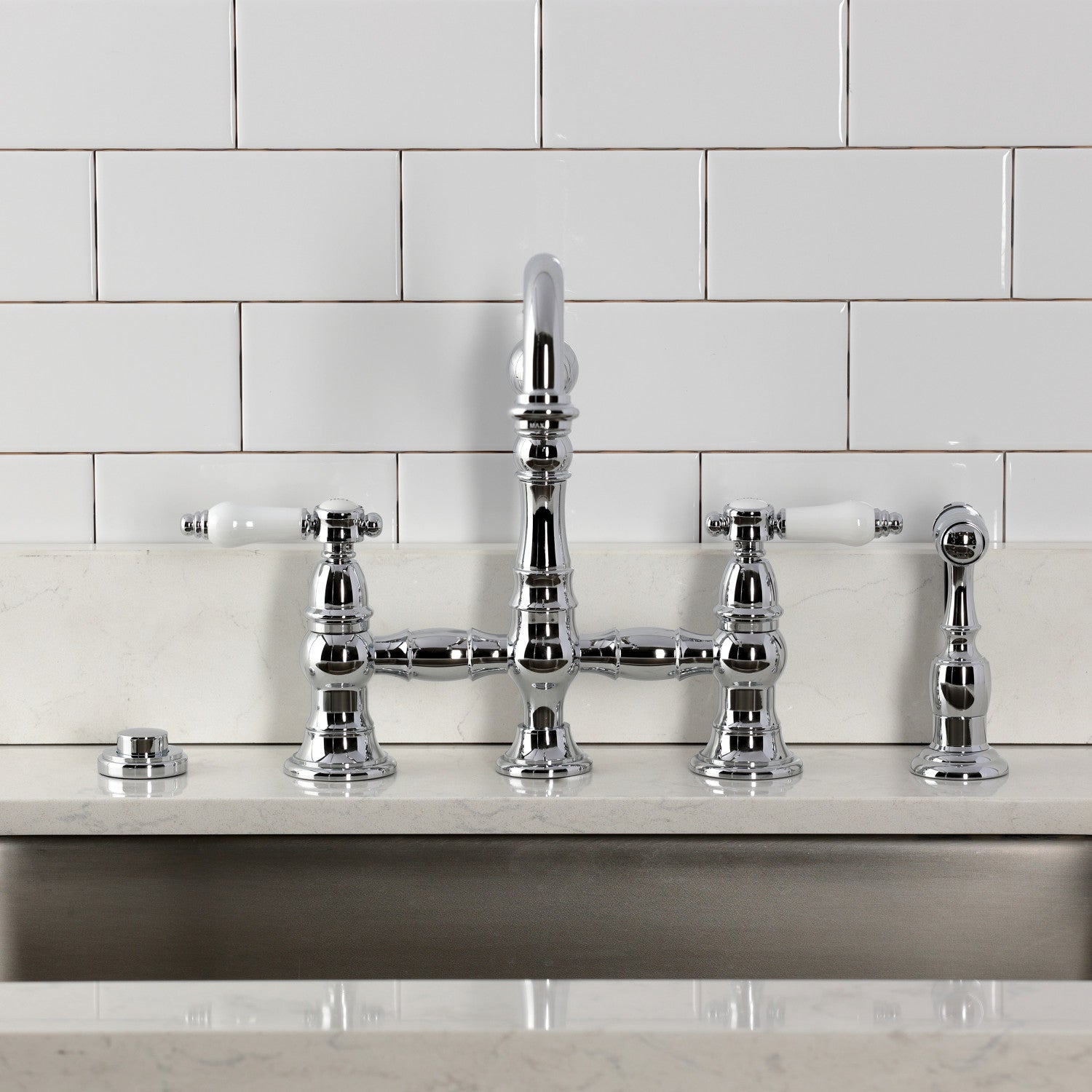 Kingston Heirloom KS3271BPLBS - Bel-Air Two-Handle 4-Hole Deck Mount Bridge Kitchen Faucet with Brass Sprayer, Polished Chrome — thumbnail 3